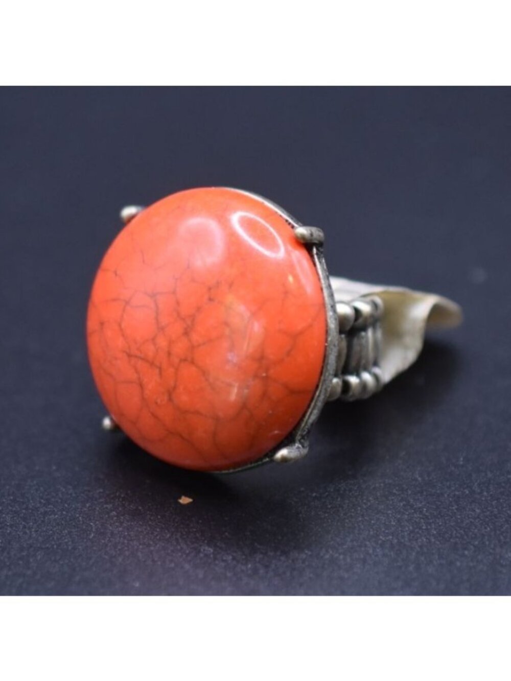 Vintage Silver-Tone Adjustable Ring With Large Round Red Stone Cabochon Accent